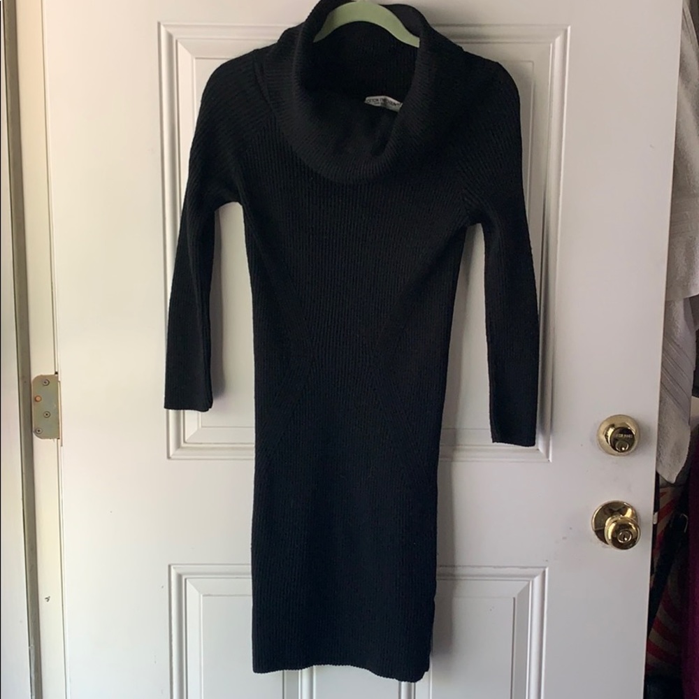 Black sweater dress with large cowl neck